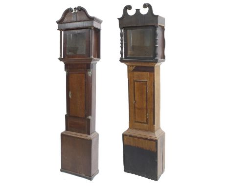 Oak inlaid longcase clock case with aperture for a 12" square dial; together with an oak and mahogany crossbanded case with a