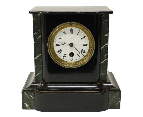 French ebonised and painted faux black slate and marble mantel clock timepiece, the 3" white dial indistinctly signed, within