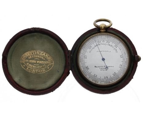Negretti &amp; Zambra, London brass cased compensated pocket barometer, no. 27542 within in a Negretti &amp; Zambra Morocco l