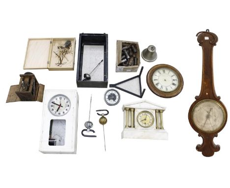 Quantity of various clocks in need of restoration, including French white marble mantel timepiece in a temple case, Black For