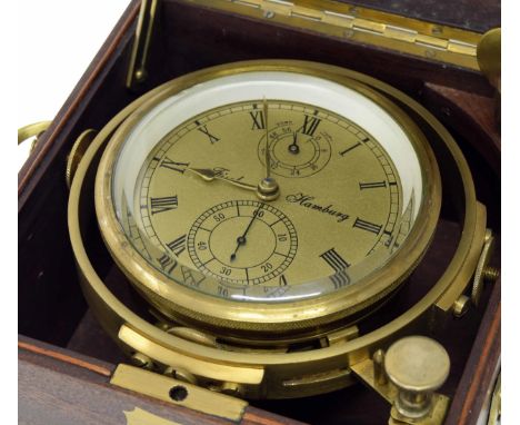German two day marine chronometer, the 3.5" gilt dial signed Fischer, Hamburg, with subsidiary state of wind and seconds dial
