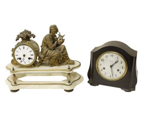 French&nbsp;gilt metal and white marble figural drumhead eight day mantel clock, 10.75" high (no pendulum); also a Smiths eig