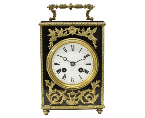 French ebonised two train mantel clock striking on a bell,&nbsp;the 3.5" white dial within a recessed case with pierced gilt 