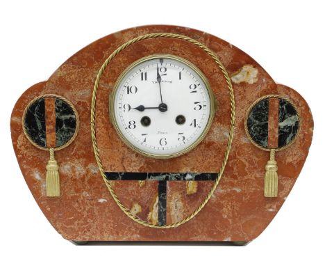 Unusual French Art Deco orange marble two train mantel clock, the 4" white dial signed Vallant, Paris, the movement with outs