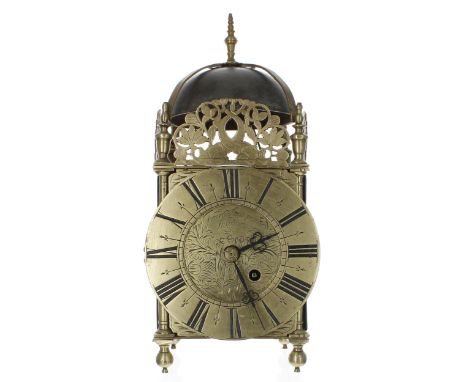 English period brass lantern clock case with later single fusee movement, the 6.25" brass dial enclosing a foliate engraved c