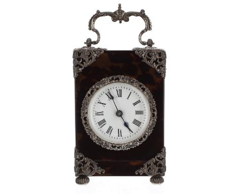 Fine tortoiseshell and silver mounted carriage clock striking on a gong, the 2.25" white dial within an attractive case with 