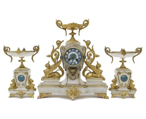 Good French white onyx and gilt metal mounted two train mantel clock garniture, the movement striking on a bell, the 3.25" bl