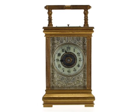 Good repeater carriage clock striking on a gong, the 2.25" dial within a silvered foliate engraved mask and fluted pillared c