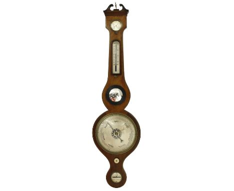 Satinwood five glass wheel barometer signed F. Formenti, Wootton under Edge, the 8" principal silvered dial within a shaped c