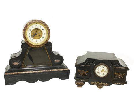 French black slate and red marble two train mantel clock, the Japy Freres movement with outside countwheel striking on a bell