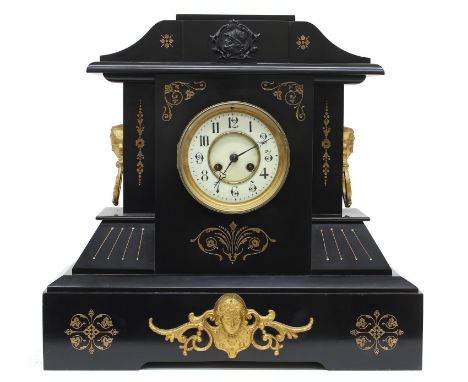 French black slate and gilt metal mounted two train mantel clock striking on a gong, the 4.75" cream chapter ring enclosing a