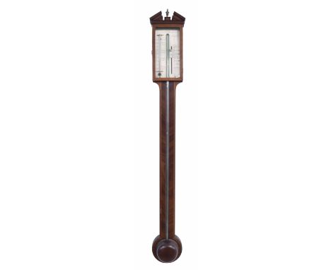 Irish mahogany stick barometer, the silvered scale signed B. Champion &amp; Co, Belfast, over a flat trunk inlaid with boxwoo