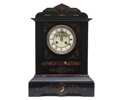 French black slate and red marble two train mantel clock, the movement stamped A &amp; N no. 33917 striking on a gong, the 4.