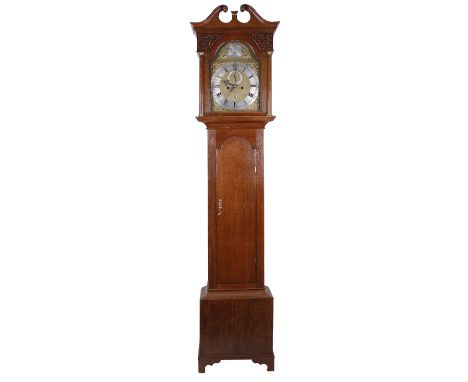 Oak eight day longcase&nbsp;clock, the 12" brass arched dial signed Chas. Campbell. Biggar on a silvered circular plate to th