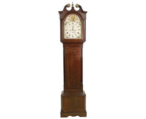 Oak and mahogany eight day longcase clock, the 14" painted arched dial signed Archibald Brownlie, Strathaven to the dial cent