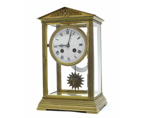 French brass four glass two train mantel clock striking on a gong, the 3.75" white dial within a bevelled glazed case upon a 