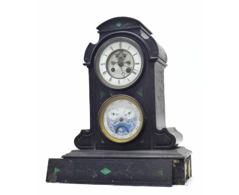 French black slate two train calendar mantel clock in need of restoration, the S. Marti movement striking on a bell, the 4.75