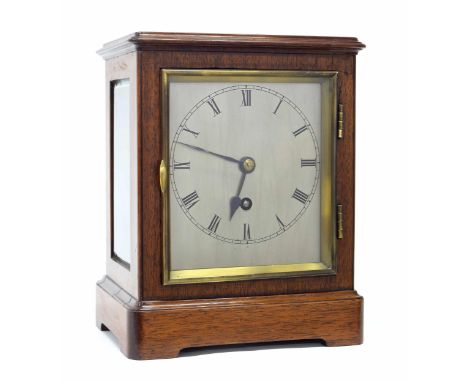 Small mahogany single fusee mantel clock with W. &amp; H&nbsp;movement, the silvered dial within a stepped case, 9" high (pen