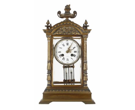 French brass four glass two train mantel clock striking on a bell, the S. Marti movement back plate signed Maple Co. Ltd. Par