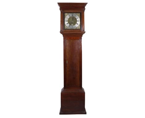 Oak eight day longcase clock, the 12" square brass dial signed Edw. Rudd, Melksham on the silvered chapter ring by six o'cloc