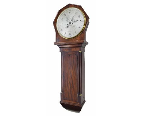 Good mahogany two train trunk dial wall clock striking on a bell, the 18" silvered dial signed George Bailey, London to the f