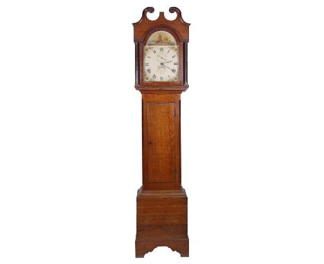 Oak thirty hour longcase clock, the 12" painted arched dial signed Lawley &amp; Co, Bath, the case with long door and the hoo