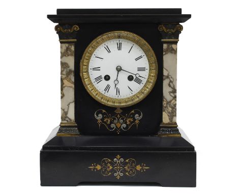 Attractive French black slate and coloured marble two train mantel clock, the Japy Freres movement stamped J.J.S., striking o