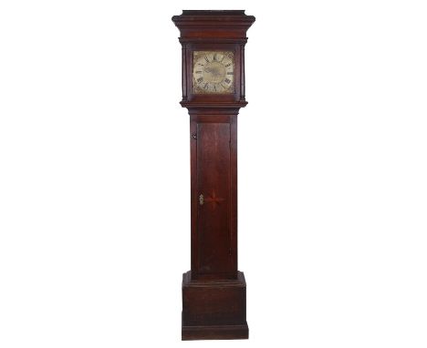 Early oak thirty hour longcase clock, the 10" square brass dial signed Joshua Rudd, Bradford on the brass chapter ring enclos