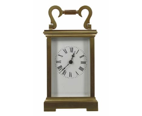 French carriage clock timepiece, within a brass case, 6" high (key)