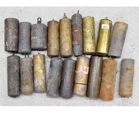 Eighteen longcase clock weights, some brass cased (18) 
