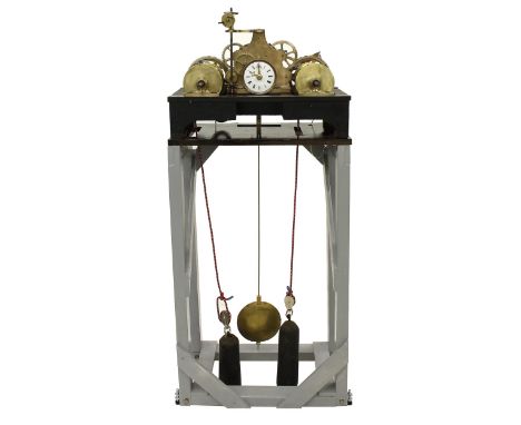 Good contemporary Swiss small two train brass and steel turret clock movement, the 4” white dial and movement positioned betw