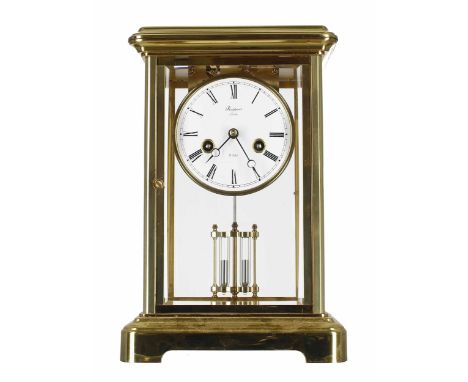 Modern Rapport of London eight day brass four glass two train mantel clock striking on a bell, within a brass bevelled glazed