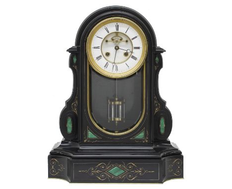 Fine French black marble and malachite inset two train mantel clock, the S. Marti movement striking on a bell, the 5.75" whit