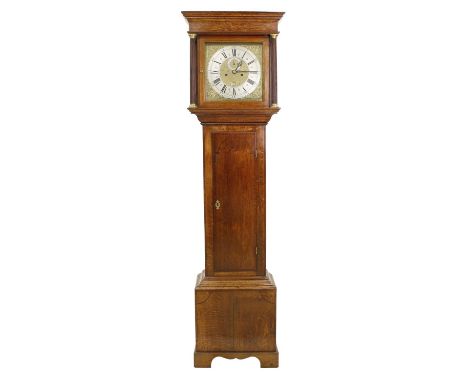 Oak eight day longcase clock, the 12" square brass dial signed William Gunn, Wallingford on the silvered chapter ring at six 