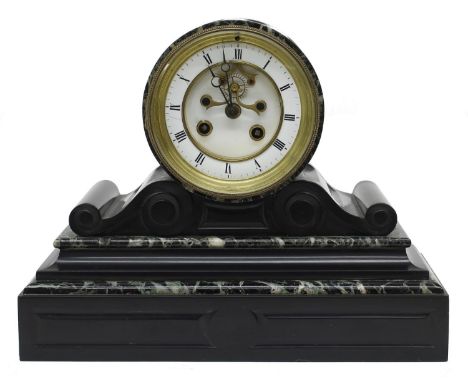 French black slate and green marble small drumhead two train mantel clock striking on a bell, the 3.75" white chapter ring en