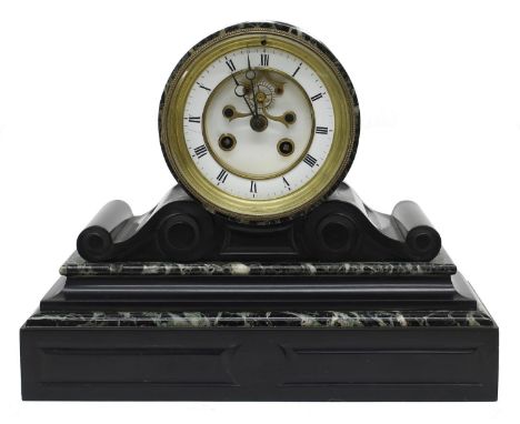 French black slate and green marble small drumhead two train mantel clock striking on a bell, the 3.75" white chapter ring en