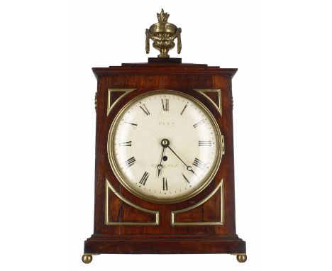 Rosewood single fusee bracket clock, the 8" white dial signed Pitt, Chelsea, within a panelled stepped case surmounted by a c