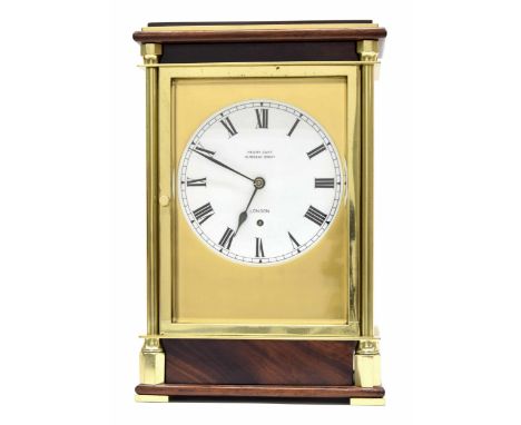 Good and unusual mahogany and brass mantel clock timepiece, the 6.25" white dial signed Henry Capt, 151 Regent Street, London