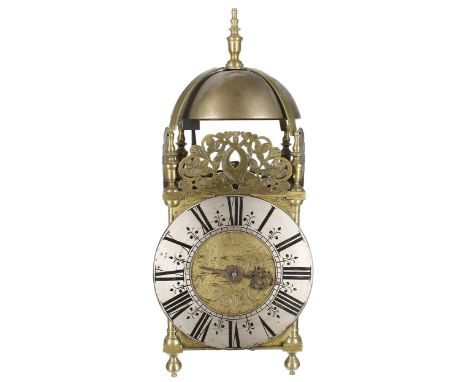 English brass hook and spike verge lantern clock, signed Jos Buckingham, London to the foliate engraved centre enclosed by a 