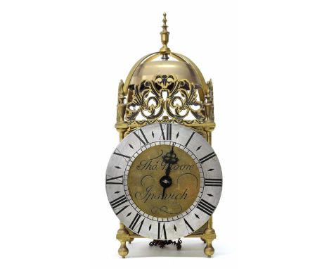 Reproduction hook and spike brass lantern clock signed Thos Moore, Ipswich to the centre, enclosed by a silvered chapter ring