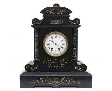 French black slate and green marble two train mantel clock striking on a gong, the 4.75" white dial within a pillared stepped