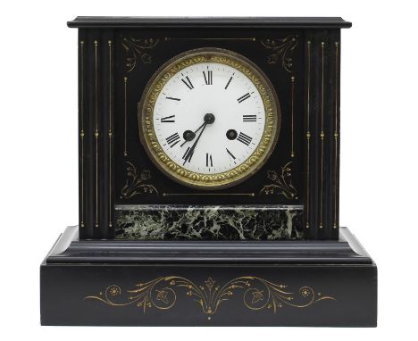 French black slate and green marble two&nbsp;train mantel clock, the movement with outside countwheel striking on a bell, the