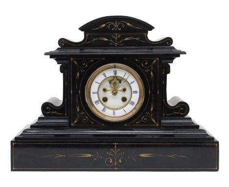 French black slate two train mantel clock striking on a bell, the 3.75" white chapter ring enclosing a recessed centre with v