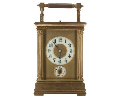 Good repeater carriage clock with alarm,&nbsp;the movement striking with two hammers on a gong, the 2.25" principal chapter r