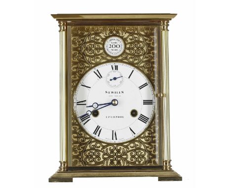Sewills 200 Years Anniversary two train mantel clock, the 4.75" white dial signed Sewills Estd 1800 AD, Liverpool with subsid
