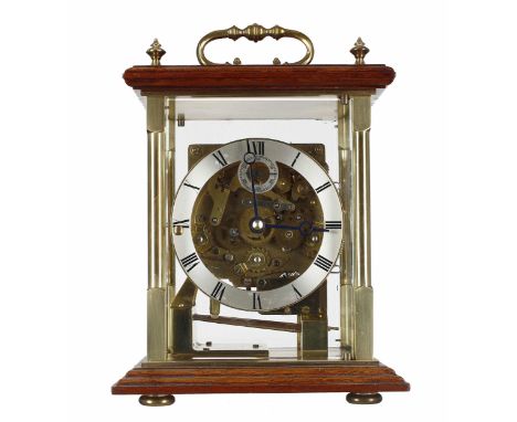 Modern Kieninger three train four glass mantel clock, the movement with platform escapement striking on eight copper rods and