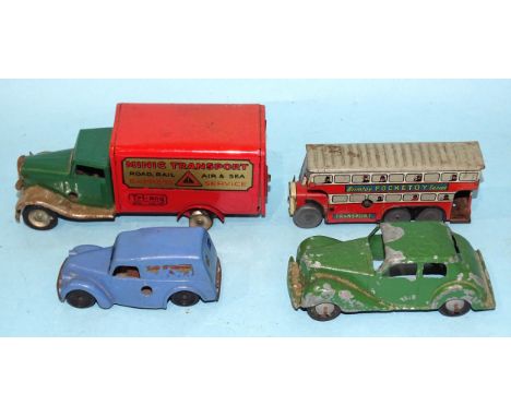 A Triang Minic c/w tinplate delivery van "Minic Transport", a Brimtoy c/w tinplate double-decker bus, a Triang Minic c/w car 