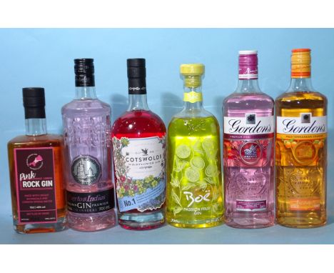 Flavoured gin: Gordons Mediterranean Orange (x1), Premium Pink (x1), Puerto de Indias Strawberry (x1), 37.5%, 70cl, Boë Passi