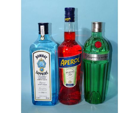 Bombay Sapphire Gin (x1) 40% 1L, Tanqueray No.10 (x1) 47.3% 70cl and Aperol (x1) 11% 70cl, (3). 