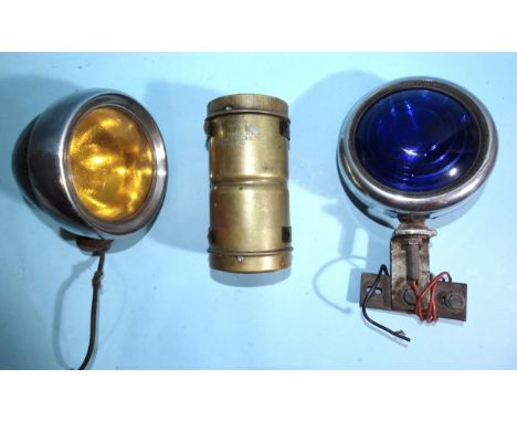 A Vintage Lucas&nbsp;King of the Road yellow car lamp, 12cm diameter, a blue car lamp, 12.5cm diameter and a Lucas brass spar